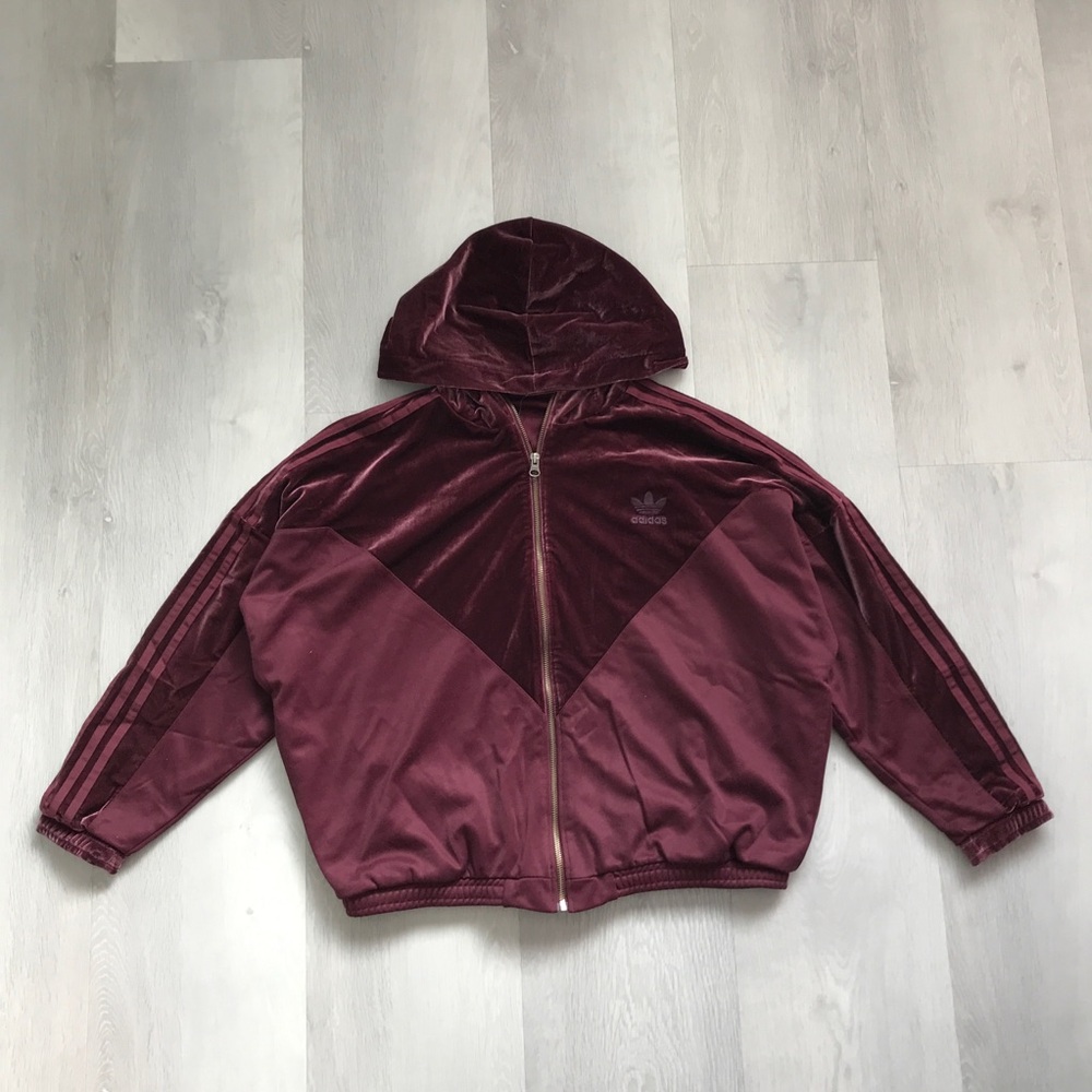 ADIDAS VELOUR TRACK JACKET ZIP UP OVERSIZED HOODIE WOMENS L